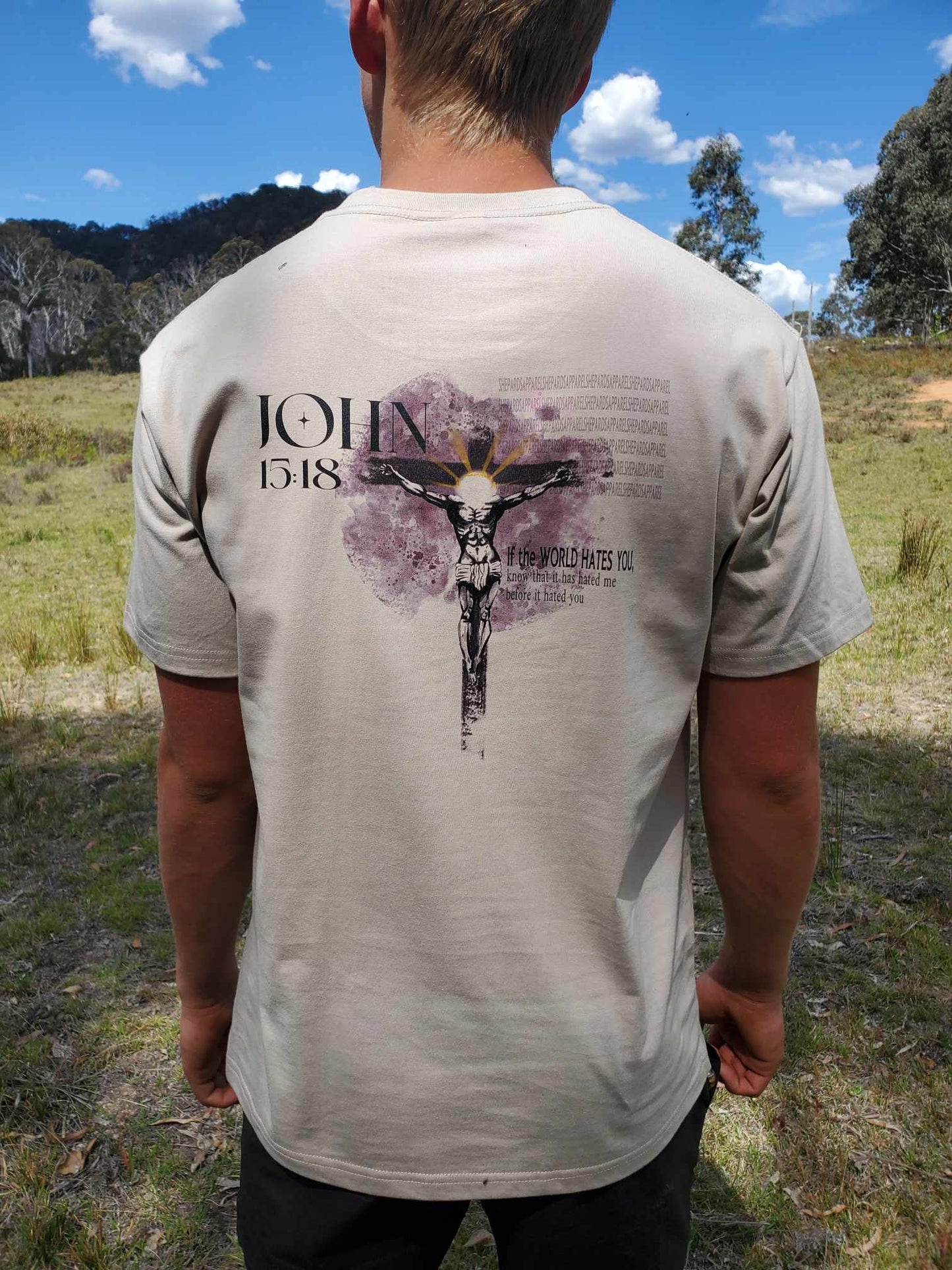 John 15:18 Shirt cream backside midshot